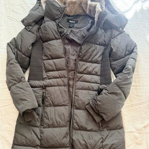 DKNY Olive Quilted Hooded Puffer Coat